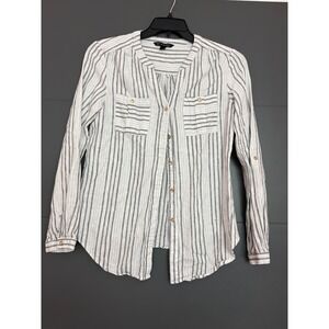 Zac & Rachel Womens Linen Blend Striped Button Down Blouse White Black Small